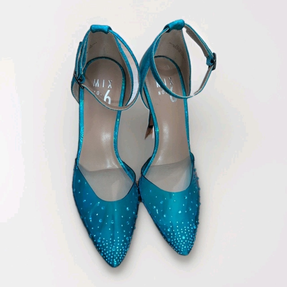 Mix No 6 Arlette Blue & Rhinestone Sparkling Shimmer Ankle Wrap Stiletto Heel 7M